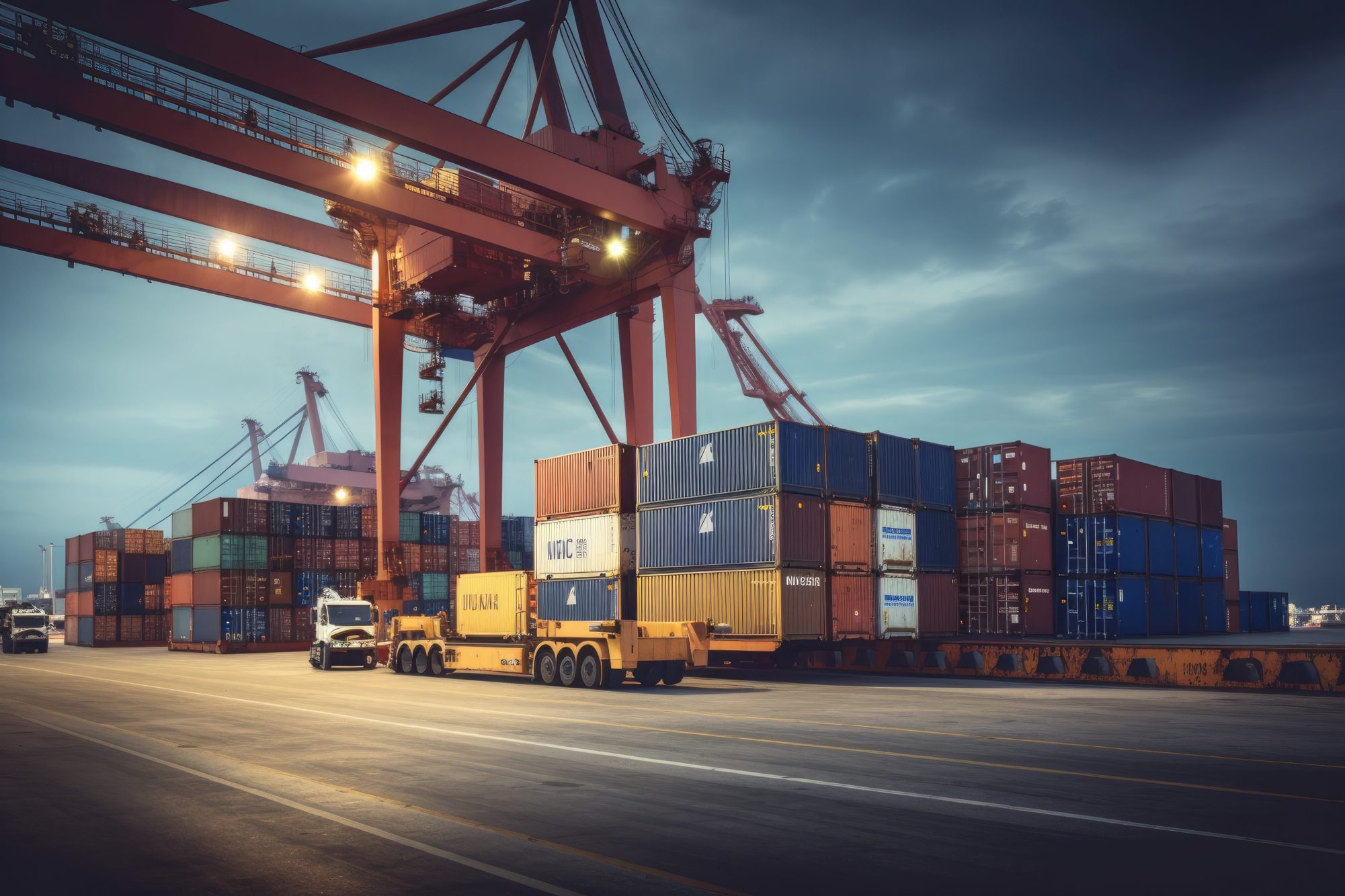 logistics-and-transportation-of-container-cargo-ship-and-cargo-plane-with-working-crane-bridge-in-shipyard-at-sunrise-logistic-import-export-and-transport-industry-background-ai-generative
